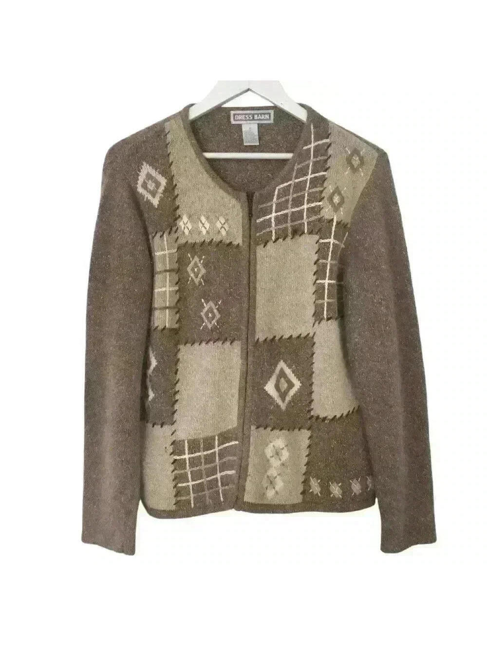 Dressbarn Women’s Silk Blend Brown Patchwork Zip Up Cardigan Sweater Size M